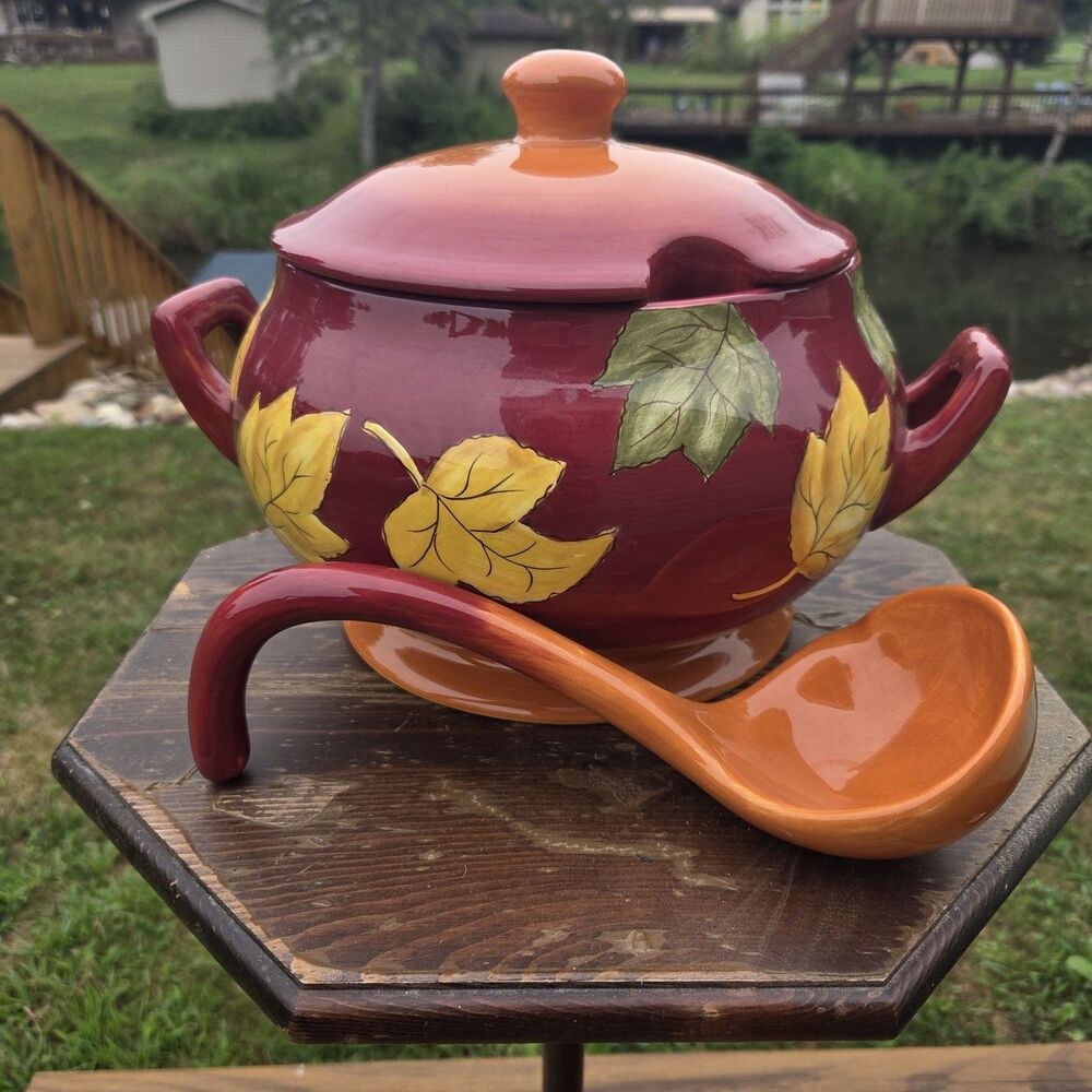 Gates Ware Laurie Gates Ceramic Soup Tureen Lid Ladle Autumn Leaf Red Orange
